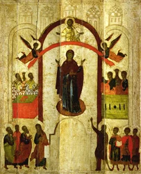 Theotokos skydd (Guds moder) rysk ikon från Zverin-klostret, 1399 (tempera på panel)